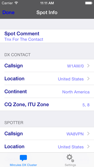 DX Cluster spot info